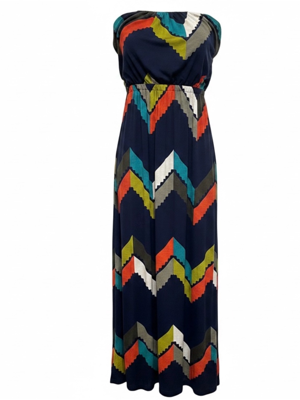 Navy Strapless Chevron Maxi Dress with Multicolor Accents